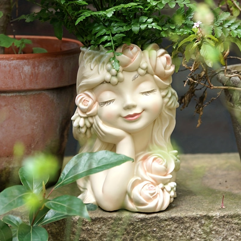 1 Set Resin Fairy Flowerpot, Princess with Pink Roses And Leaves Decoration, Suitable for Garden Courtyard Succulents
