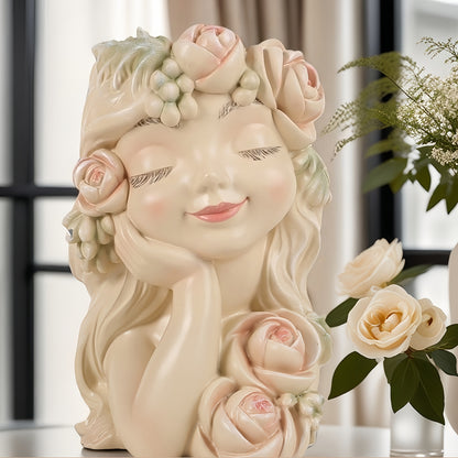 1 Set Resin Fairy Flowerpot, Princess with Pink Roses And Leaves Decoration, Suitable for Garden Courtyard Succulents